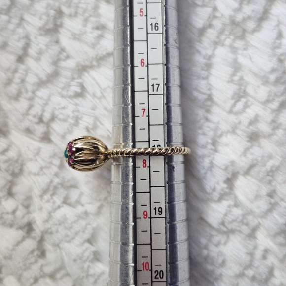 Vintage 14k Yellow Gold Turquoise Ruby Flower Ring - Picture 8 of 8